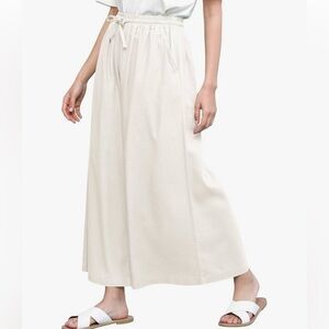 Washed Linen Casual Loose Wide Leg Pants Pocket Pant with Draw String -white